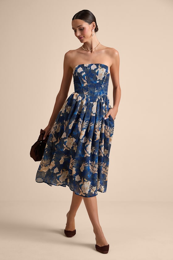 Eulalia Light Blue Floral Lace-Up Strapless Bustier Midi Dress