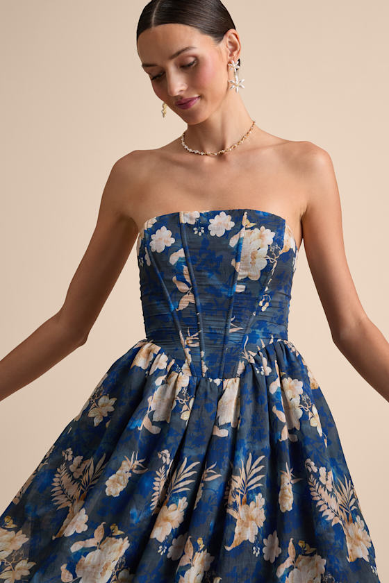 Eulalia Pink Floral Lace-Up Strapless Bustier Midi Dress