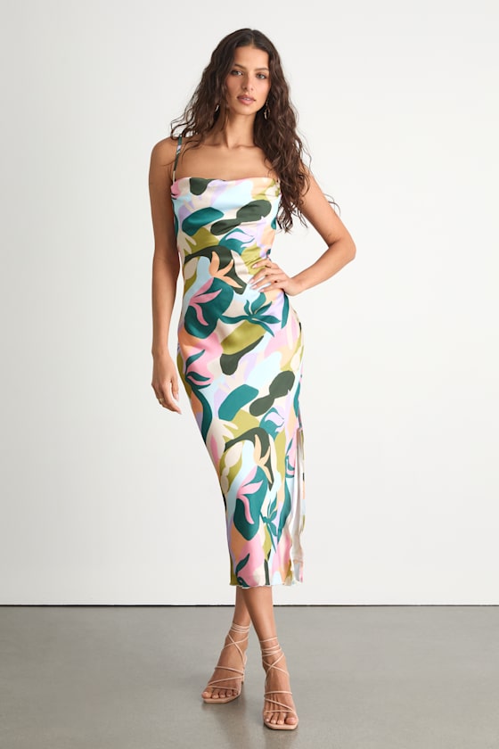 Midiana Light Blue Abstract Floral Tie-Back Midi Dress