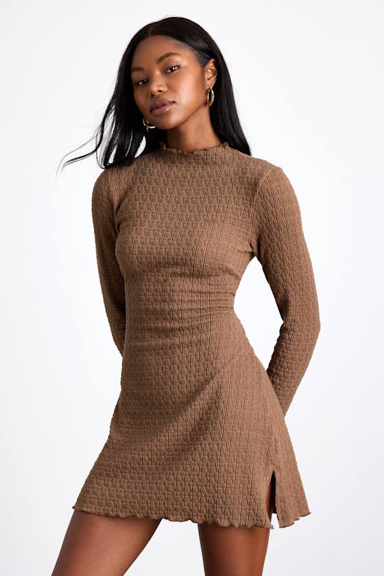 Flattering Forecast Olive Green Textured Long Sleeve Mini Dress