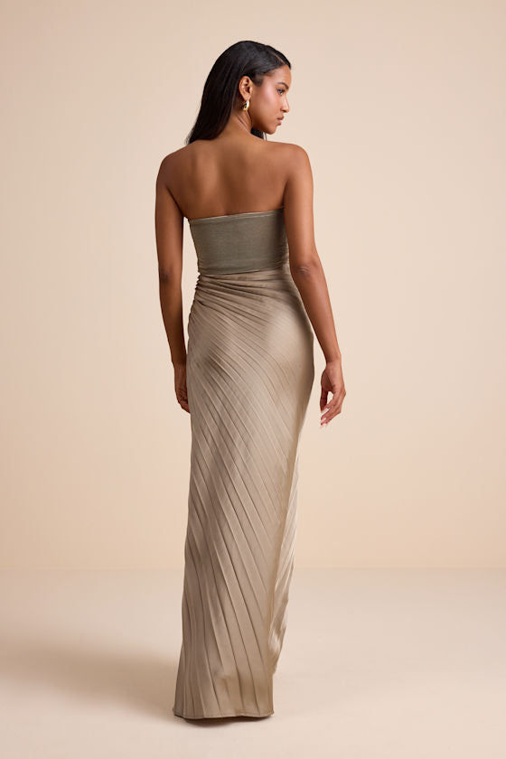 Nyrah Berry Red Satin Pleated Strapless Maxi Dress