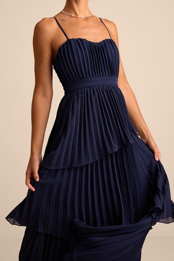 Jehona Dusty Blue Pleated Tiered Maxi Dress