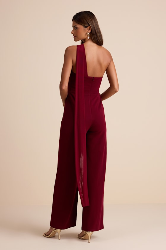 Hexley Burgundy One-Shoulder Sash Scarf Jumpsuit