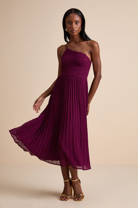 Wondrous Muse Navy Blue Pleated One-Shoulder Midi Dress