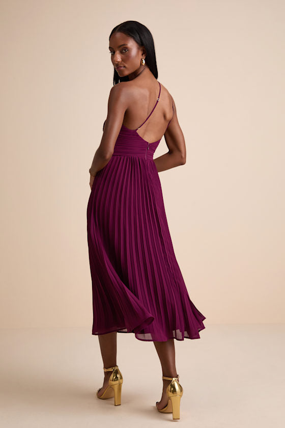 Wondrous Muse Plum Pleated One-Shoulder Midi Dress