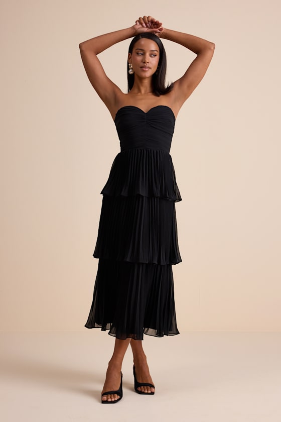 Seriously Sensational Plum Strapless Tiered Midi Dress