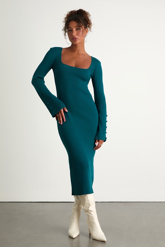 Classy Attitude Burgundy Ribbed Square Neck Midi Sweater Dress