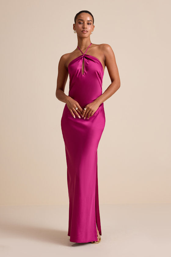 Gracie Olive Green Satin Halter Neck Maxi Dress
