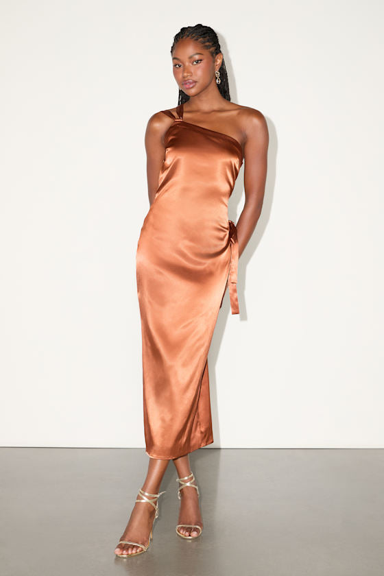 Yvonne Navy Satin One-Shoulder Midi Dress