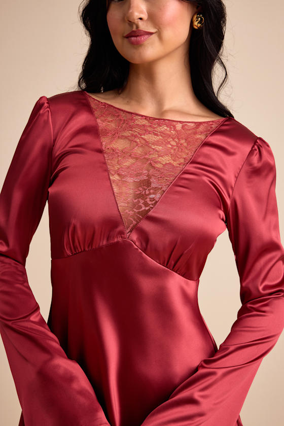 Emberlyn Sage Green Satin Lace Long Sleeve Mini Dress