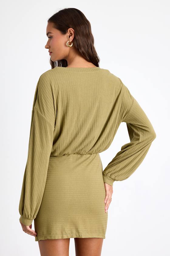 Tionne Light Olive Ribbed Long Sleeve Mini Dress