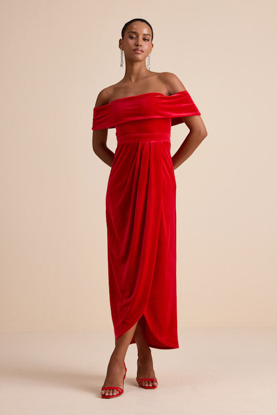 I'm Enchanted Navy Blue Velvet Off-the-Shoulder Maxi Dress