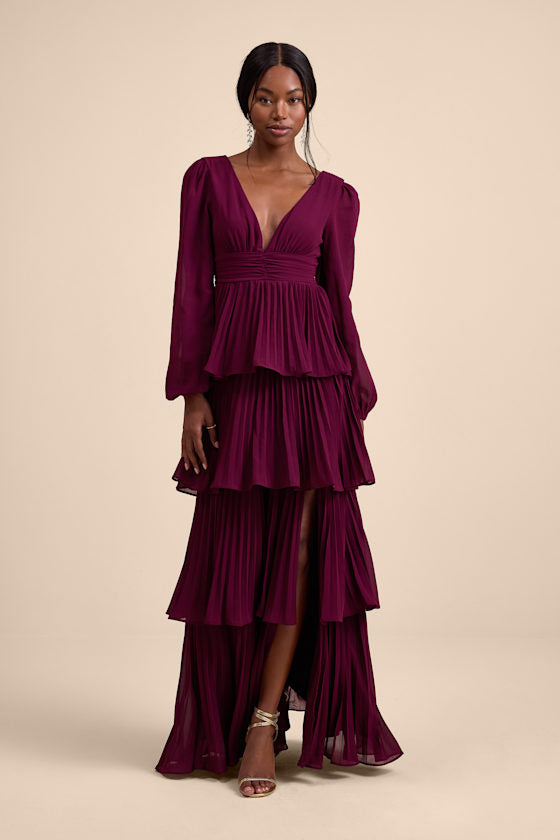 Graceful Finesse Olive Green Pleated Long Sleeve Maxi Dress