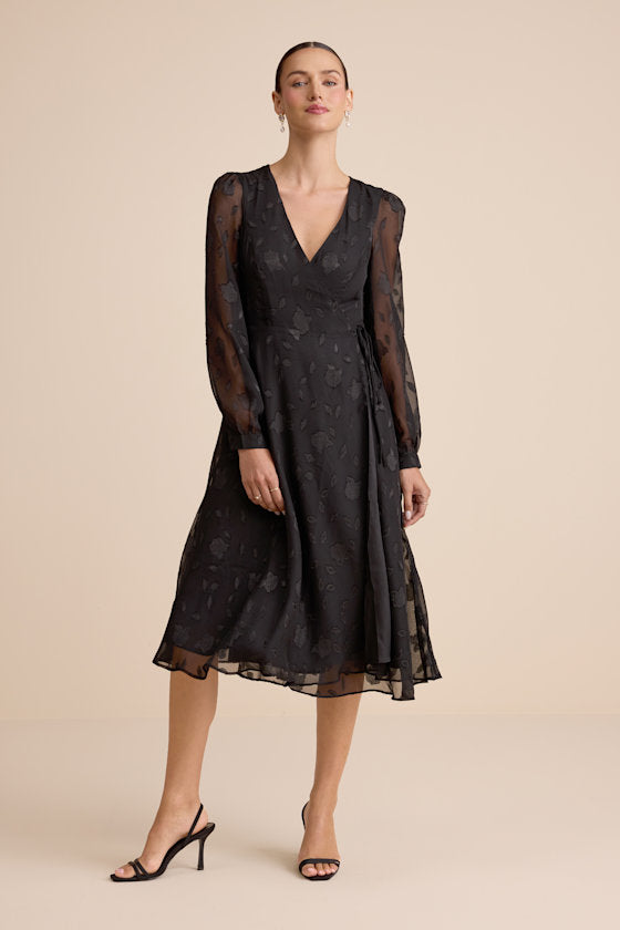 Evening of Elegance Navy Blue Floral Jacquard Wrap Midi Dress