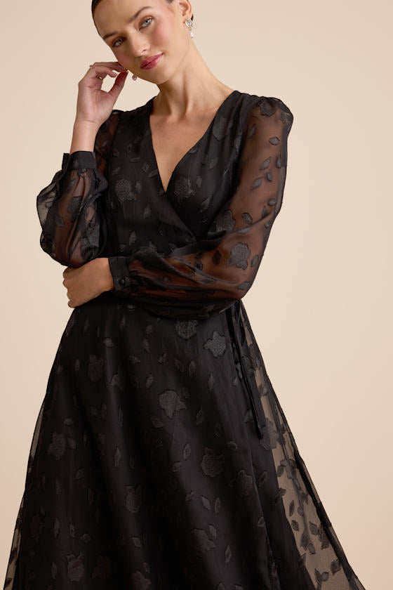 Evening of Elegance Navy Blue Floral Jacquard Wrap Midi Dress
