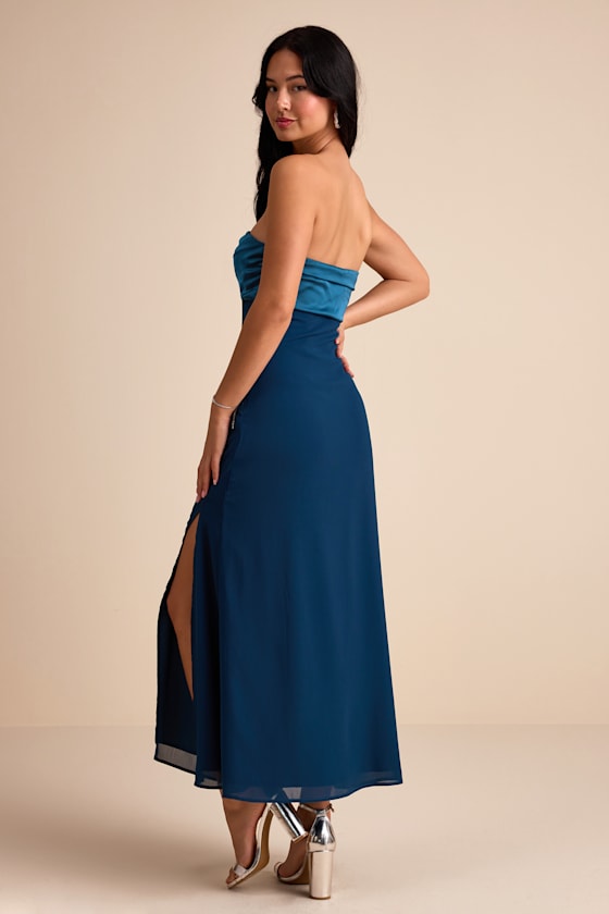 Devlin Dark Teal Mixed Media Strapless Midi Dress