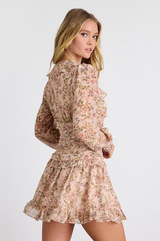 Ismini Beige Multi Patchwork Long Sleeve Mini Dress