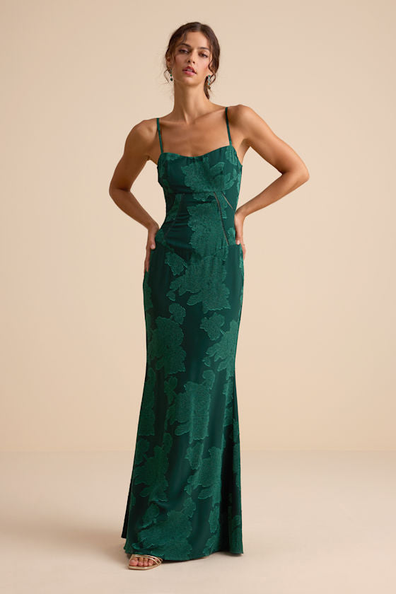 Edwardine Dark Green Burnout Lace-Up Maxi Dress