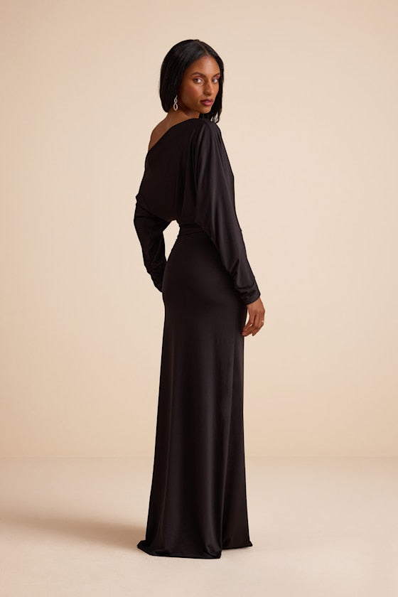 Valani Charcoal Jersey Knit Asymmetrical Long Sleeve Maxi Dress