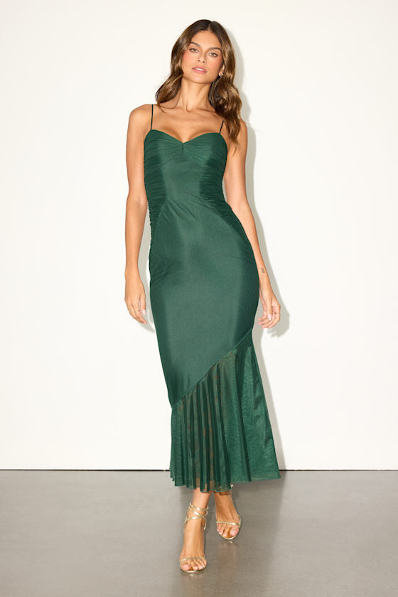 Giorgina Sage Floral Mesh Gathered Trumpet Midi Dress