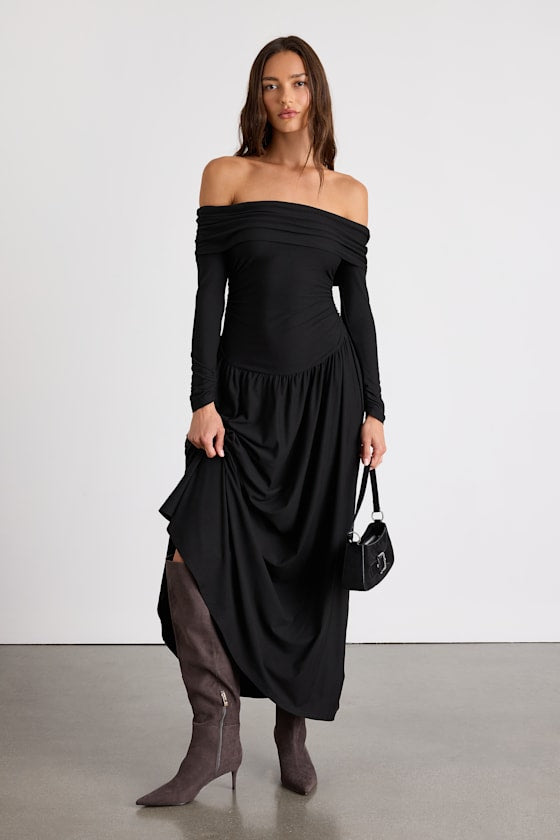 Sescca Wine Red Off-the-Shoulder Jersey Knit Maxi Dress