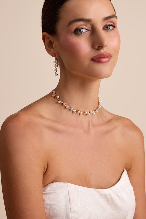 Haleema Gold Pearl Rhinestone Necklace and Earring Set