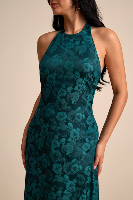 Alaria Emerald Satin Jacquard Halter Neck Maxi Dress