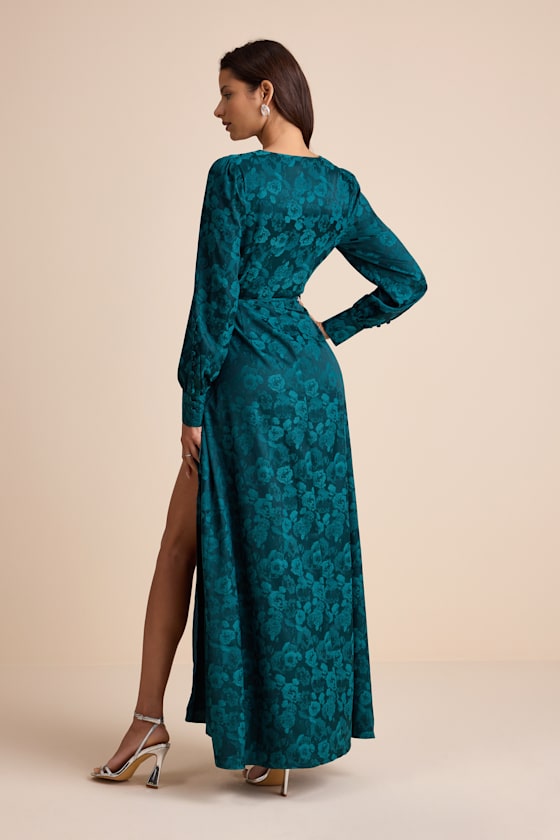 Maryn Navy Satin Jacquard Wrap Maxi Dress
