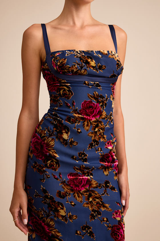 Tessa Navy Floral Velvet Burnout Column Midi Dress