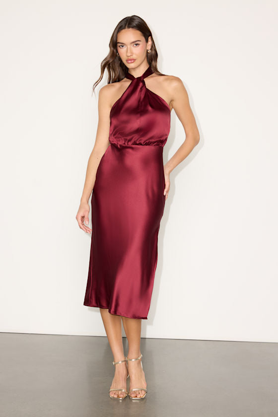 Jacey White Multi Floral Satin Halter Midi Dress