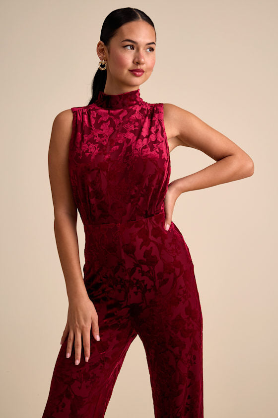 Micola Black Velvet Jacquard Mock Neck Jumpsuit