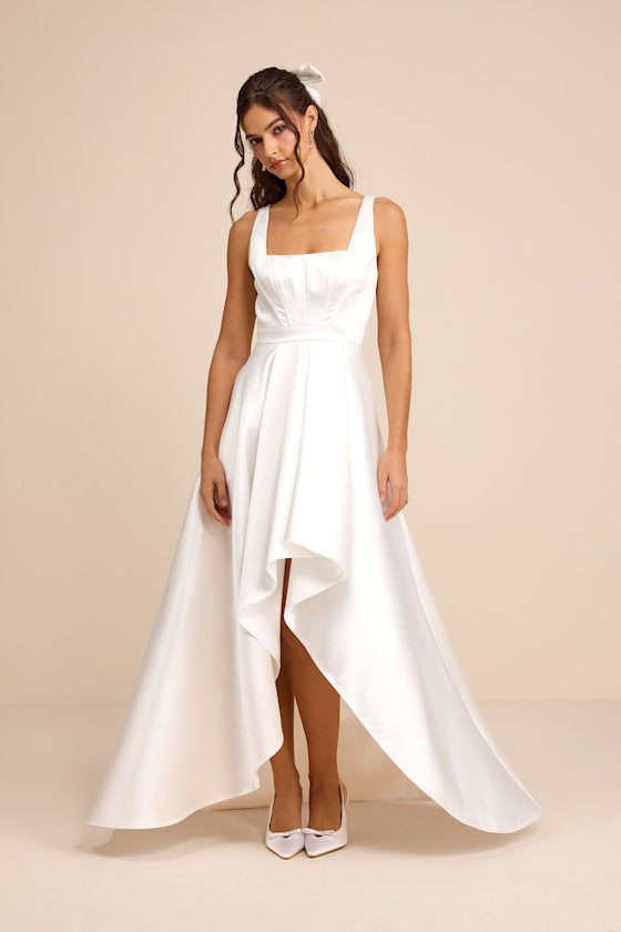 Rosabelle White Taffeta Bustier High-Low Maxi Dress