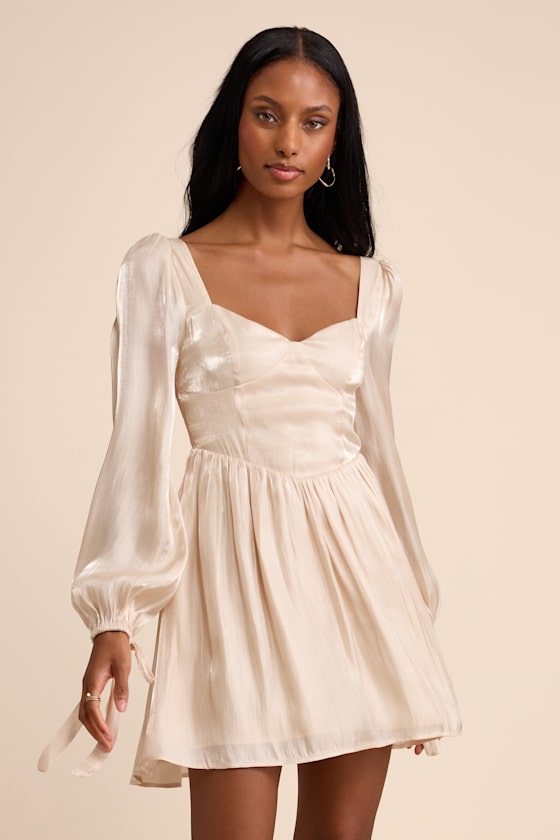 Lirenda Shiny Champagne Balloon Sleeve Tie-Back Mini Dress