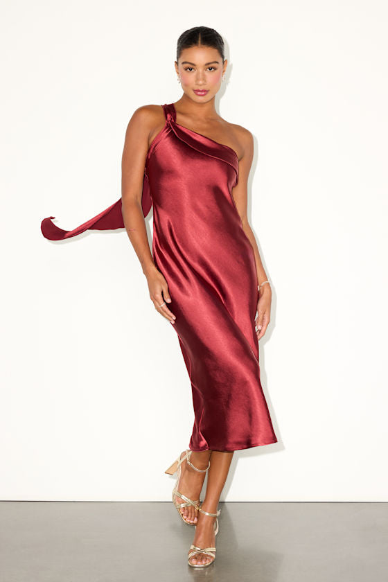 Naima White Satin One-Shoulder Midi Dress