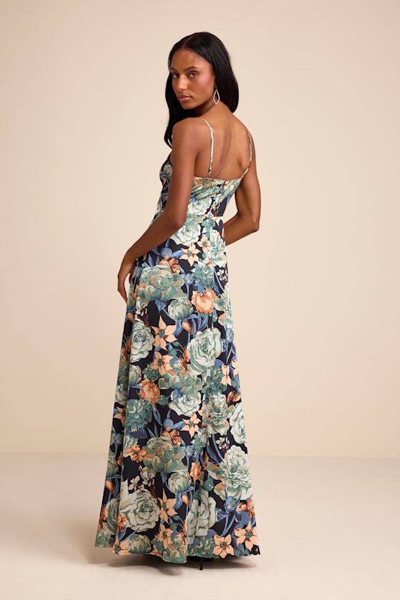 Radiant Occasion Navy Blue Floral Satin A-Line Maxi Dress