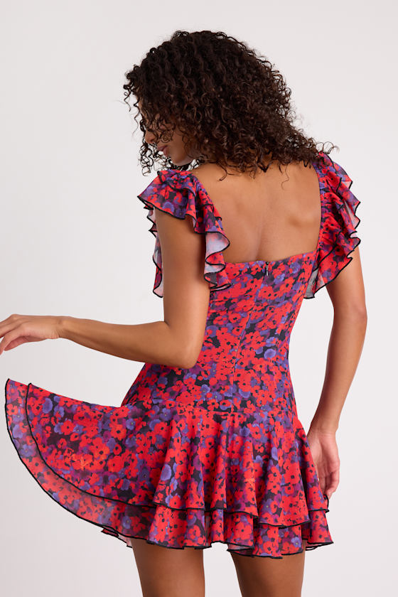 Maulana Red and Black Floral Flutter Sleeve Mini Dress