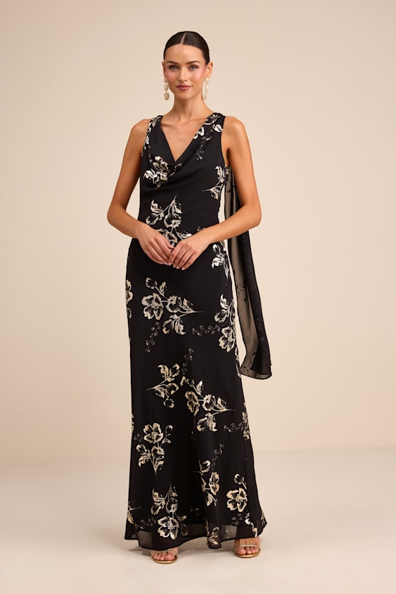Sidonia Yellow and Gold Floral Cowl Sash Maxi Dress