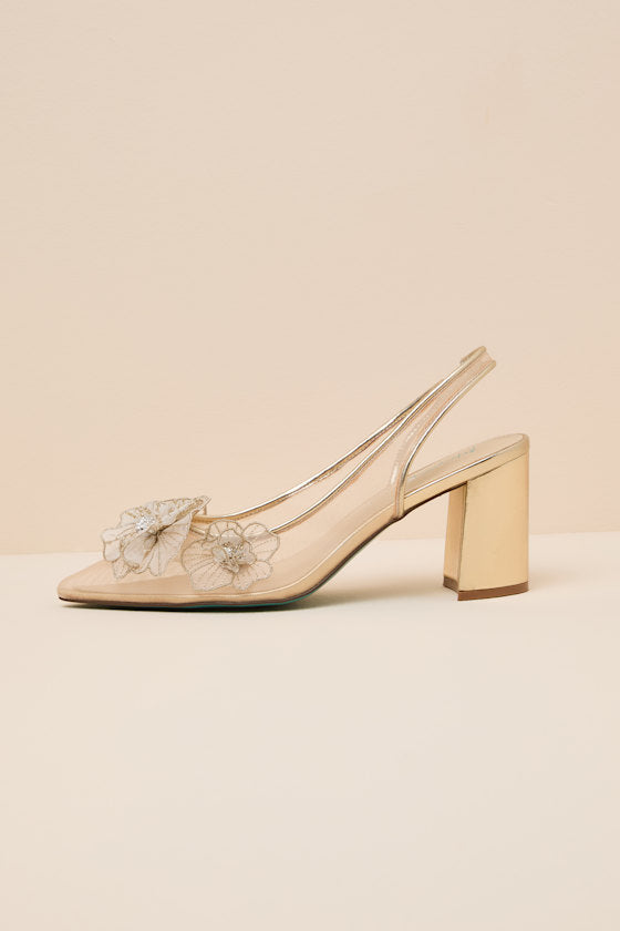 SB-Petra Ivory Mesh Satin Floral Rhinestone Slingback Pumps