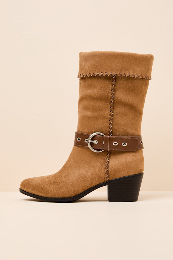Leah Chocolate Brown Suede Buckle Mid-Calf Boots