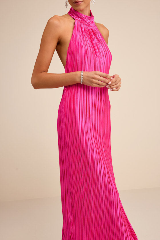 Gwenny Aqua Blue Satin Plisse Maxi Dress
