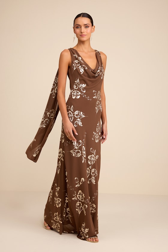 Sidonia Yellow and Gold Floral Cowl Sash Maxi Dress