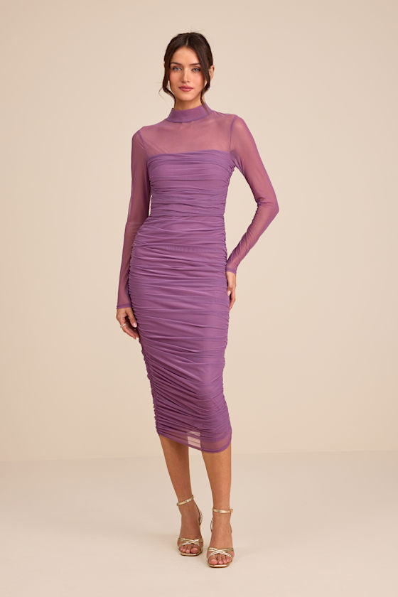 Impressive Flirt Blue Floral Mesh Ruched Mock Neck Midi Dress