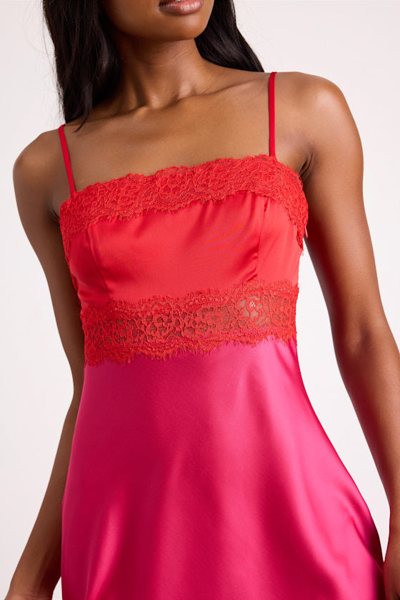 Alessa Pink and Red Satin Lace Lingerie Slip