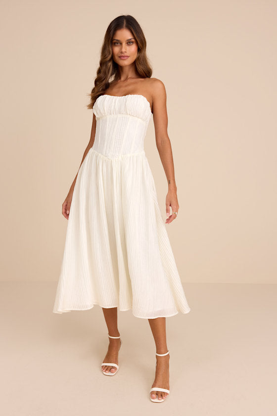 Aspen Pale Yellow Plisse Strapless Bustier Midi Dress