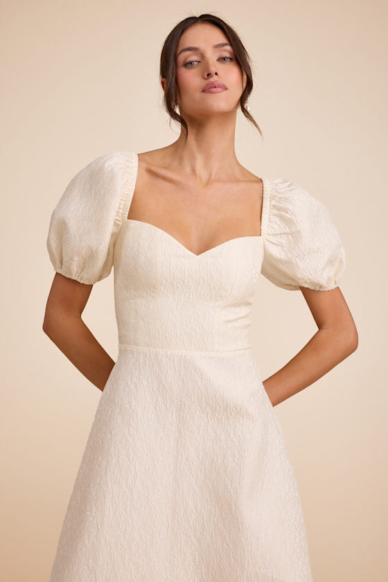 Melly Ivory Textured Jacquard Puff Sleeve Midi Dress
