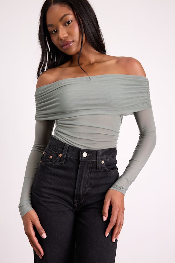 Good Times Brown Mesh Off-the-Shoulder Long Sleeve Top