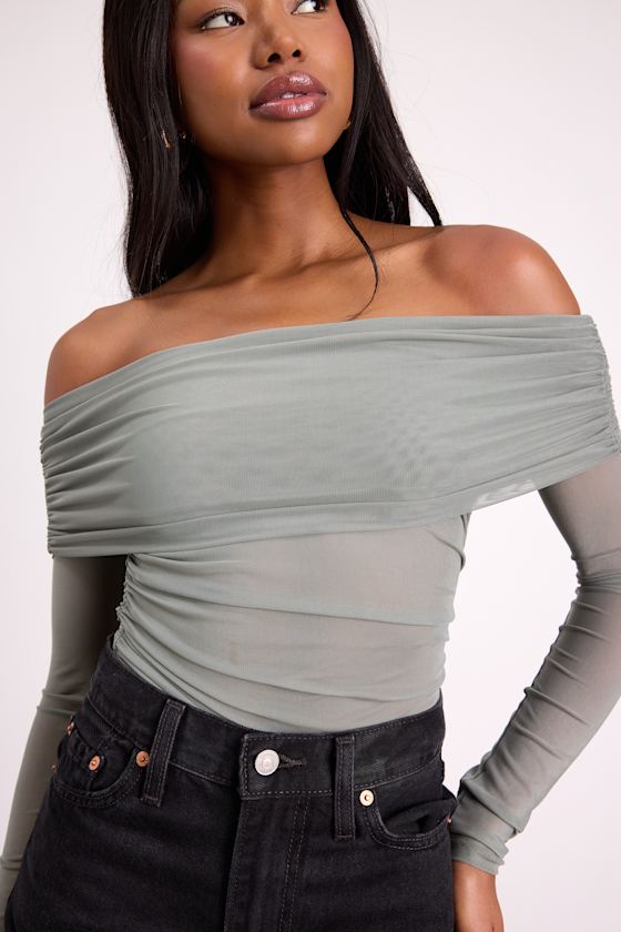 Good Times Brown Mesh Off-the-Shoulder Long Sleeve Top