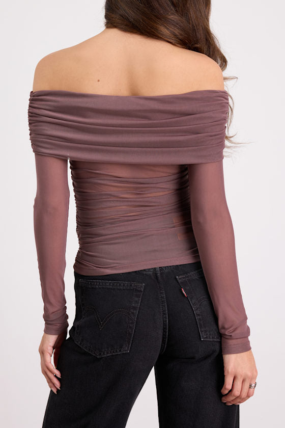 Good Times Brown Mesh Off-the-Shoulder Long Sleeve Top