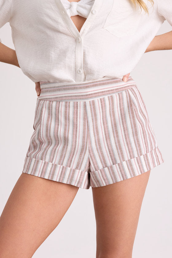 Ambrea White Multi Striped Linen High-Rise Shorts
