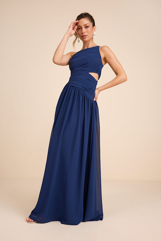 Marcela Pale Yellow Ruched One-Shoulder Maxi Dress